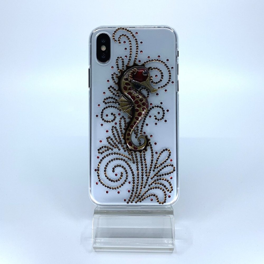 iPhone X case. PC material. Unique. Handmade. Copper, red rhinestone.